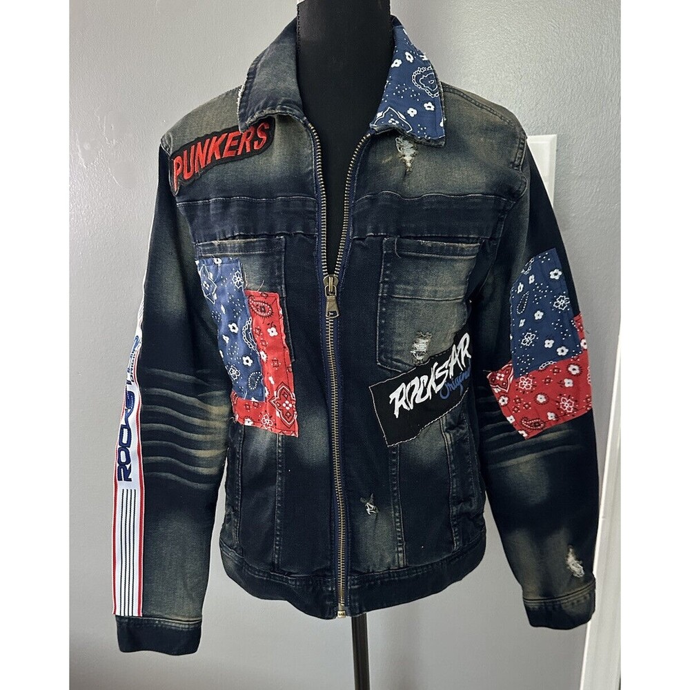 ROCKSTAR ORIGINAL Distressed Full Zip Patchwork Denim Jean Jacket Size Small EUC